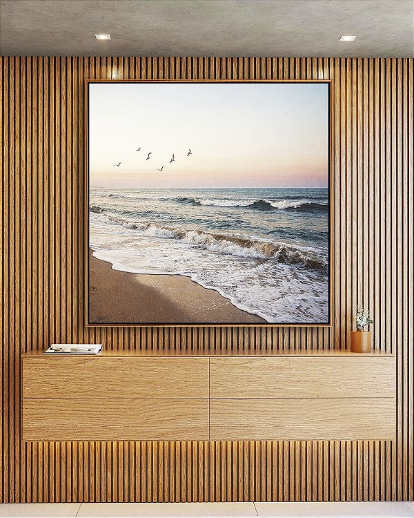 Quadro Quadrado Praia Céu Claro Laranja Pássaros Mar Canvas Moldura