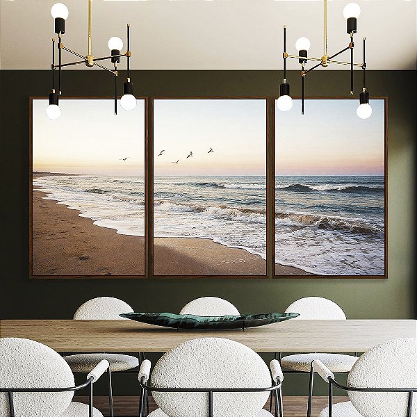 Trio de Quadros Praia Céu Claro Laranja Pássaros Mar Canvas Moldura