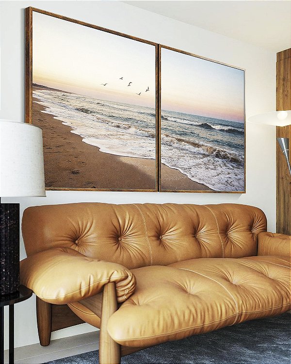 Duo de Quadros Praia Céu Claro Laranja Pássaros Mar Canvas Moldura