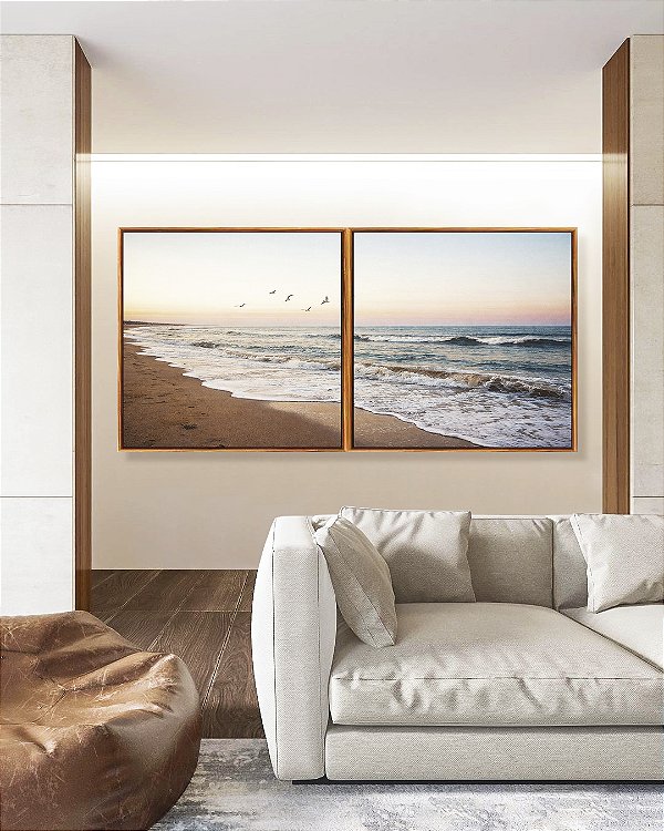 Duo de Quadros Quadrados Praia Céu Claro Laranja Pássaros Mar Canvas Moldura