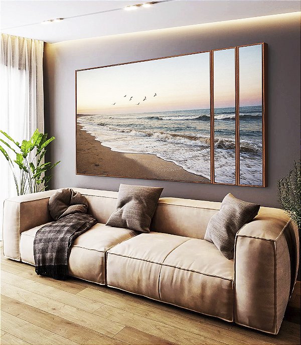 Trio de Quadros Estilizados Praia Céu Claro Laranja Pássaros Mar Canvas Moldura