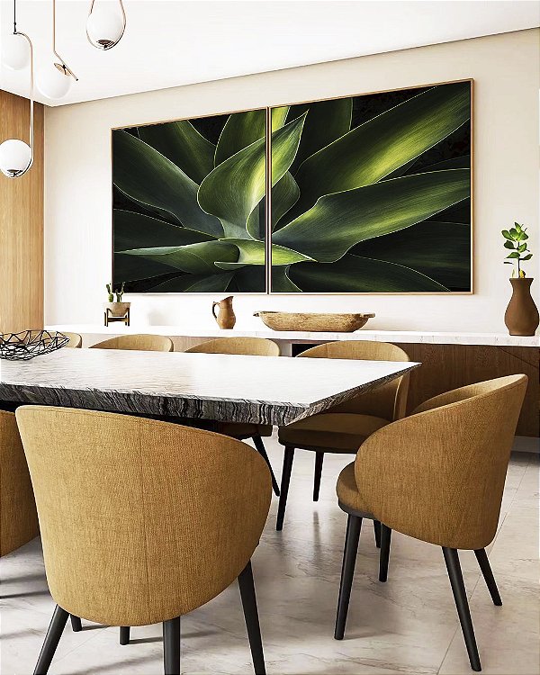 Duo de Quadros Quadrados Planta Agave-Dragão Folhas Verdes Natureza Canvas Moldura