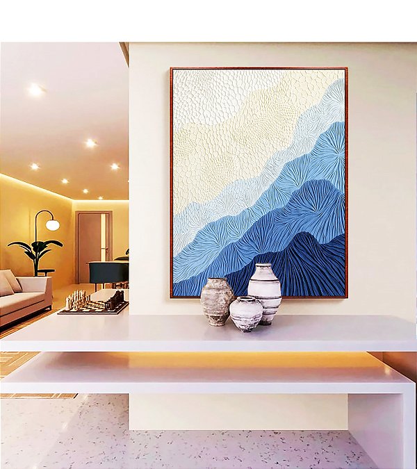 Quadro Vertical Abstrato Degradê Textura Marfim Azul Canvas Moldura