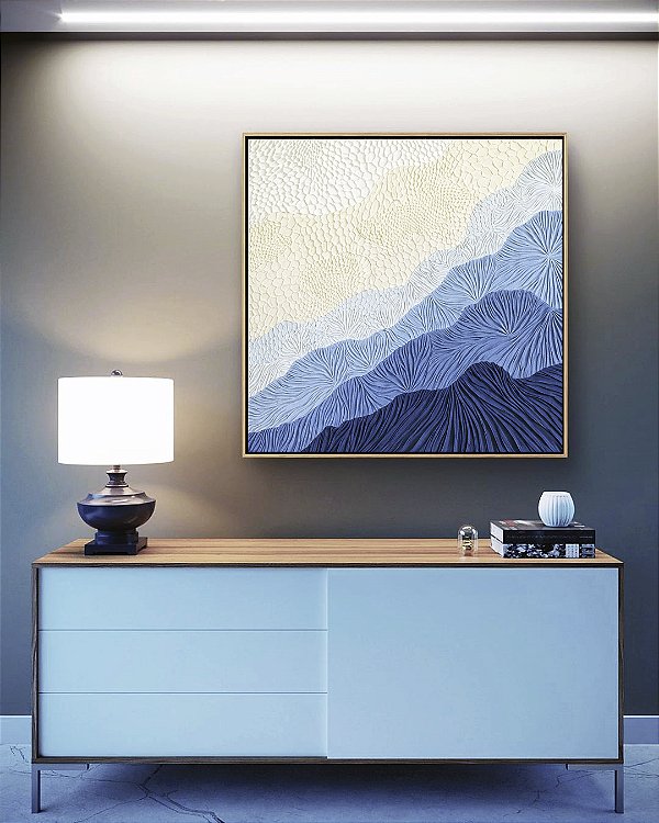 Quadro Quadrado Abstrato Degradê Textura Marfim Azul Canvas Moldura