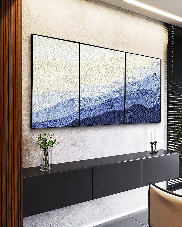 Trio de Quadros Abstrato Degradê Textura Marfim Azul Canvas Moldura