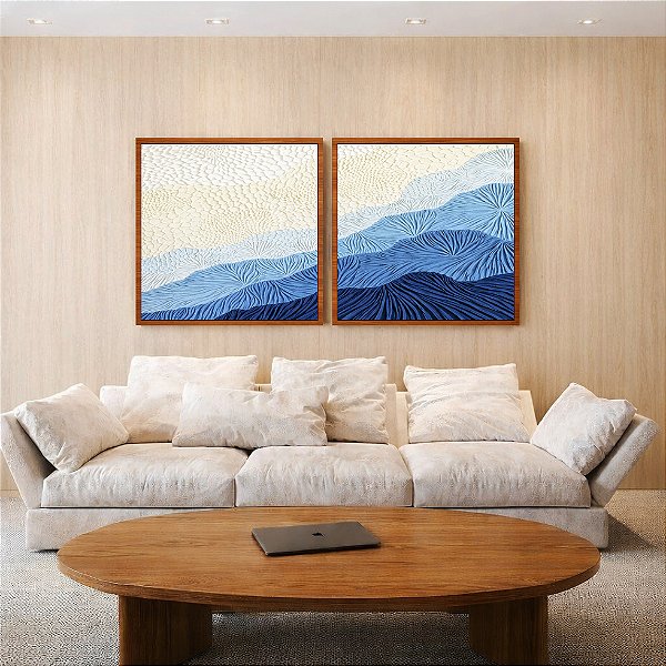 Duo de Quadros Quadrados Abstrato Degradê Textura Marfim Azul Canvas Moldura