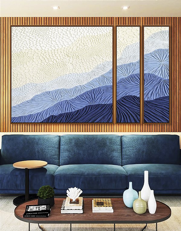 Trio de Quadros Estilizados Abstrato Degradê Textura Marfim Azul Canvas Moldura