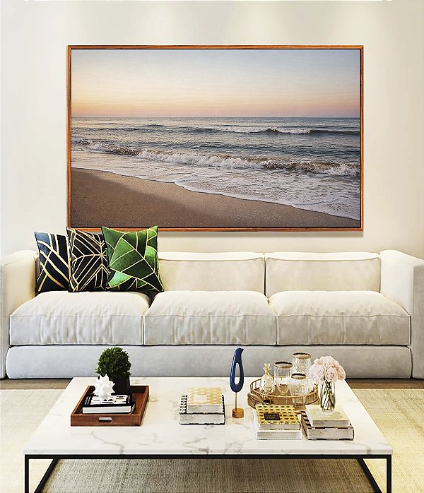 Quadro Horizontal Praia de Mar Sereno e Céu Azul Laranja Canvas Moldura