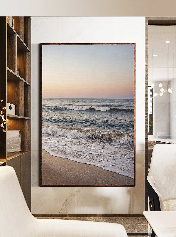 Quadro Vertical Praia de Mar Sereno e Céu Azul Laranja Canvas Moldura