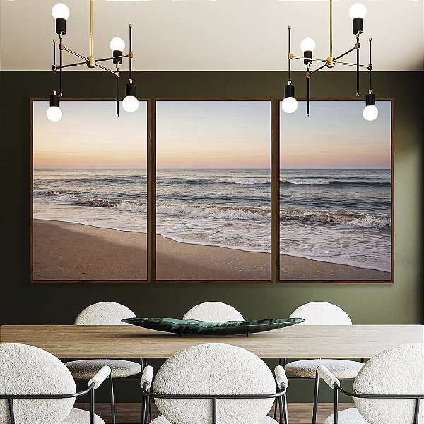 Trio de Quadros Praia de Mar Sereno e Céu Azul Laranja Canvas Moldura