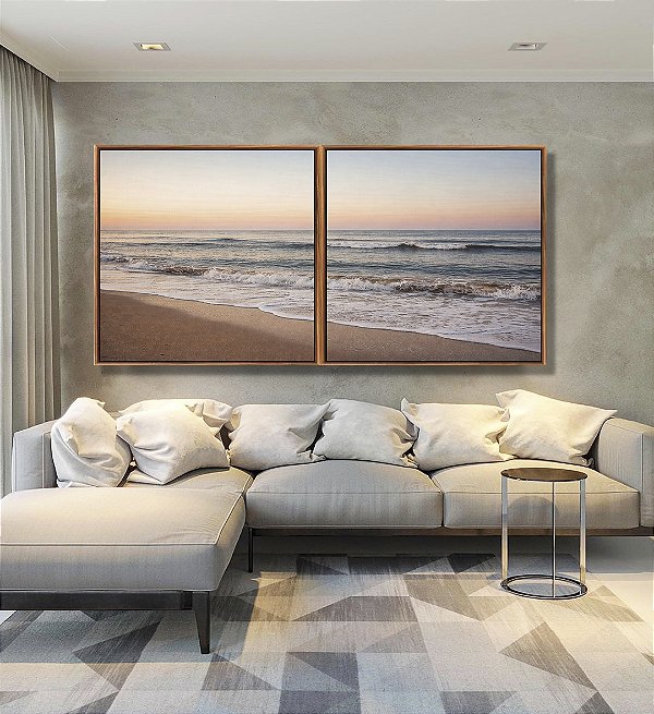Duo de Quadros Quadrados Praia de Mar Sereno e Céu Azul Laranja Canvas Moldura