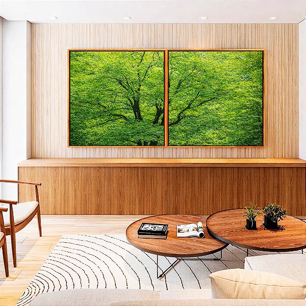Duo de Quadros Quadrados Árvores Folhagem Verde Vibrante Natureza Canvas Moldura