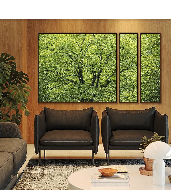 Trio de Quadros Estilizados Árvores Folhagem Verde Vibrante Natureza Canvas Moldura