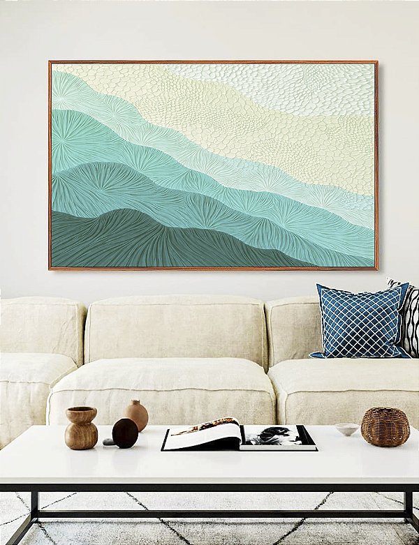 Quadro Horizontal Abstrato Degradê Textura Marfim Turquesa Canvas Moldura