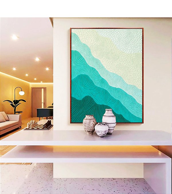 Quadro Vertical Abstrato Degradê Textura Marfim Turquesa Canvas Moldura