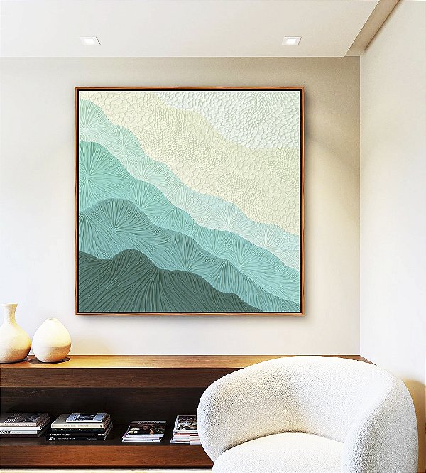 Quadro Quadrado Abstrato Degradê Textura Marfim Turquesa Canvas Moldura