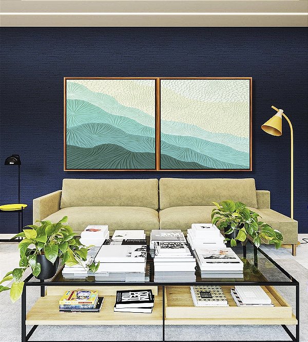 Duo de Quadros Quadrados Abstrato Degradê Textura Marfim Turquesa Canvas Moldura