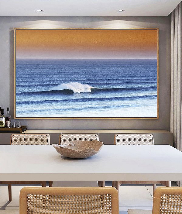 Quadro Horizontal Mar Ondulado Azul Pôr do Sol Laranja Canvas Moldura
