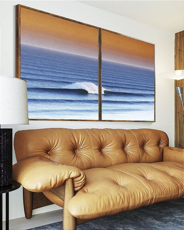 Duo de Quadros Mar Ondulado Azul Pôr do Sol Laranja Canvas Moldura