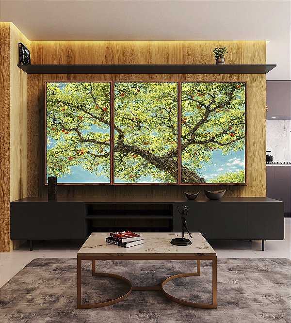 Trio de Quadros Árvore Frutífera Céu Azul Turquesa Natureza Canvas Moldura