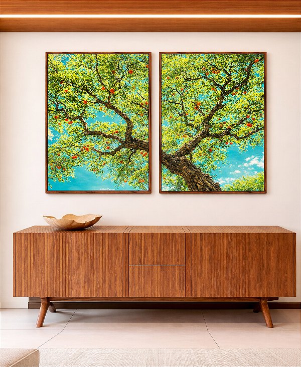 Duo de Quadros Árvore Frutífera Céu Azul Turquesa Natureza Canvas Moldura