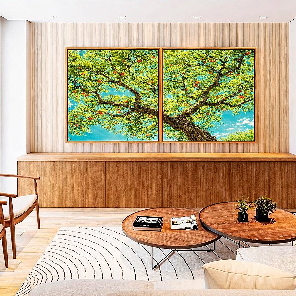 Duo de Quadros Quadrados Árvore Frutífera Céu Azul Turquesa Natureza Canvas Moldura