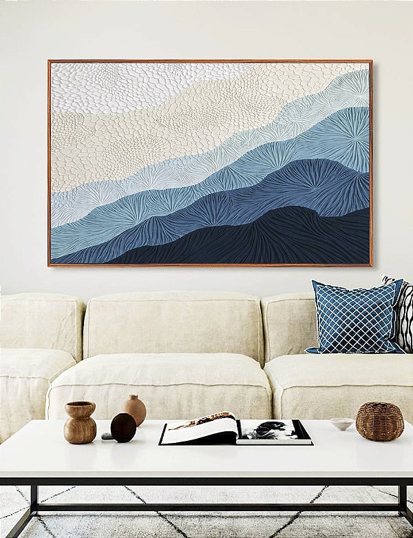 Quadro Horizontal Abstrato Degradê Textura Marfim Azul Petróleo Canvas Moldura