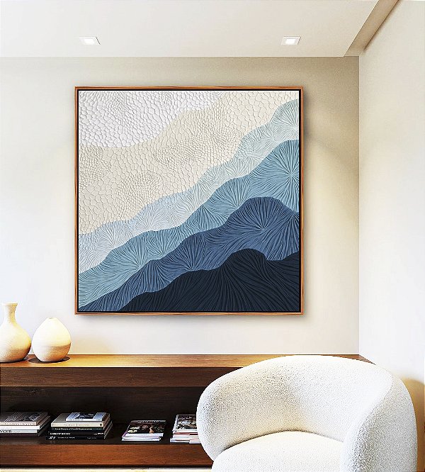 Quadro Quadrado Abstrato Degradê Textura Marfim Azul Petróleo Canvas Moldura