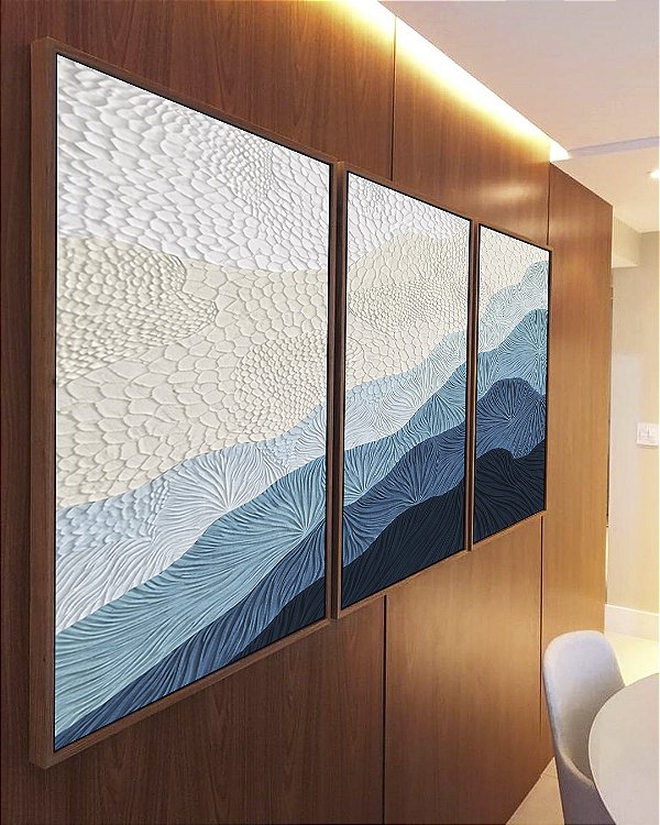 Trio de Quadros Abstrato Degradê Textura Marfim Azul Petróleo Canvas Moldura