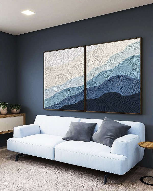 Duo de Quadros Abstrato Degradê Textura Marfim Azul Petróleo Canvas Moldura