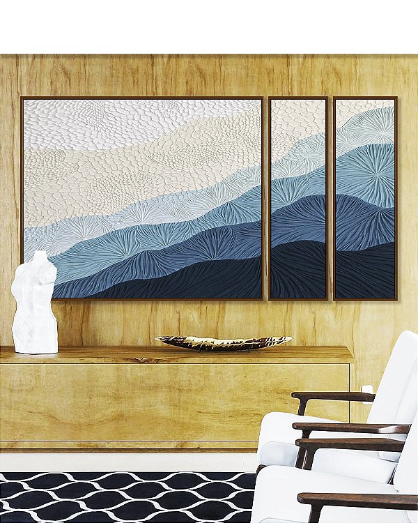Trio de Quadros Estilizados Abstrato Degradê Textura Marfim Azul Petróleo Canvas Moldura