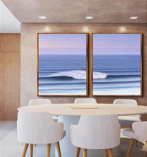 Duo de Quadros Mar Ondulado Azul Céu Lilás Canvas Moldura