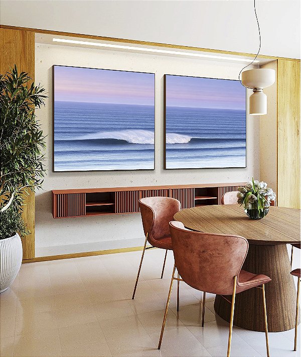 Duo de Quadros Quadrados Mar Ondulado Azul Céu Lilás Canvas Moldura