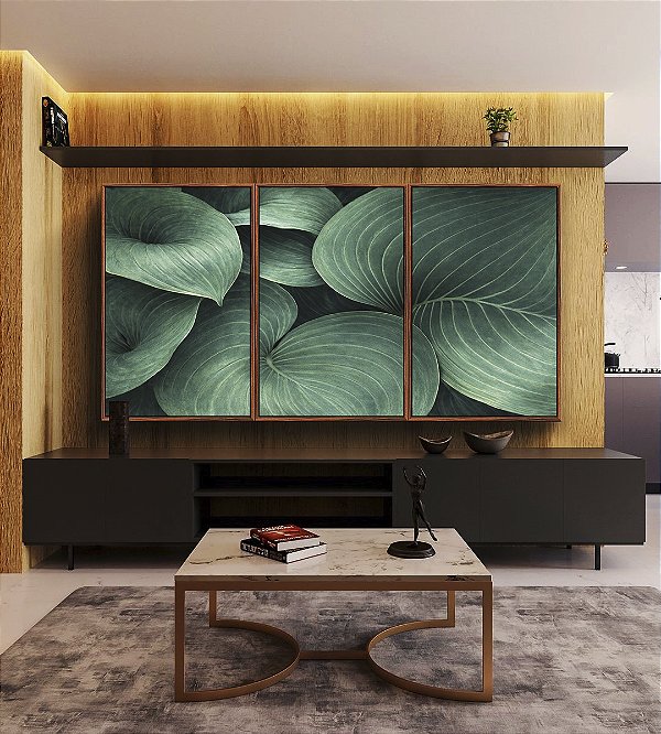 Trio de Quadros Planta Hosta Folhagem Verde Natureza Canvas Moldura