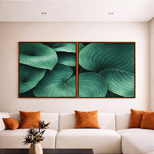 Duo de Quadros Quadrados Planta Hosta Folhagem Verde Natureza Canvas Moldura