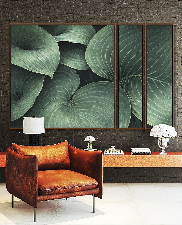 Trio de Quadros Estilizados Planta Hosta Folhagem Verde Natureza Canvas Moldura