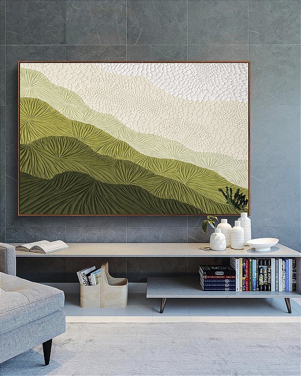 Quadro Horizontal Abstrato Degradê Textura Marfim Verde Canvas Moldura