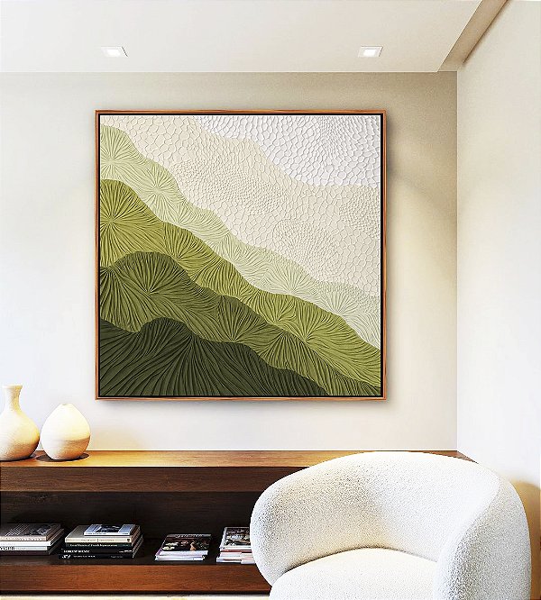 Quadro Quadrado Abstrato Degradê Textura Marfim Verde Canvas Moldura