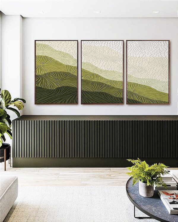 Trio de Quadros Abstrato Degradê Textura Marfim Verde Canvas Moldura