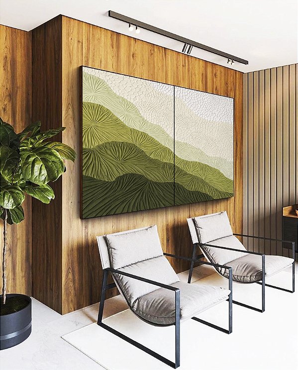 Duo de Quadros Abstrato Degradê Textura Marfim Verde Canvas Moldura