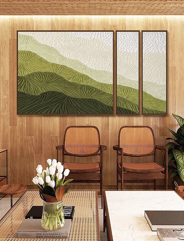 Trio de Quadros Estilizados Abstrato Degradê Textura Marfim Verde Canvas Moldura