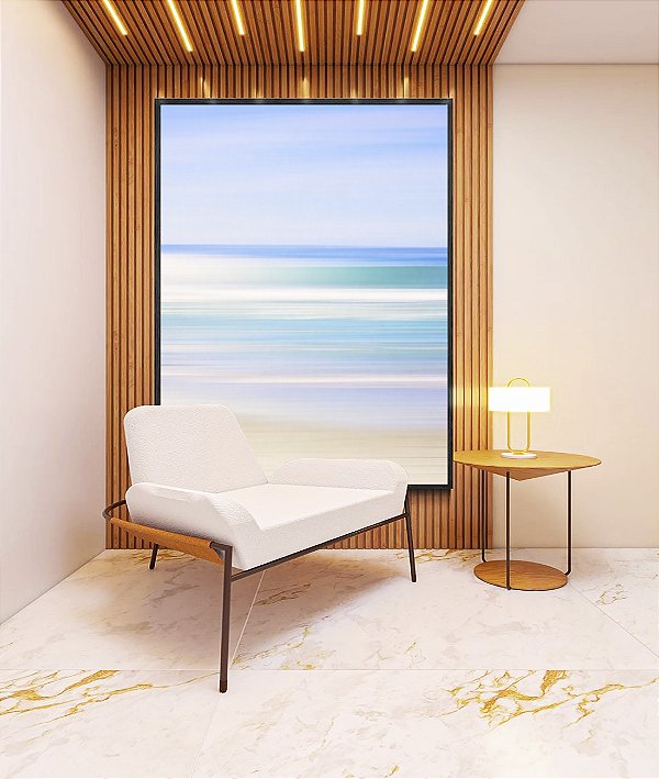 Quadro Vertical Praia Movimento Mar Turquesa Céu Lilás Canvas Moldura