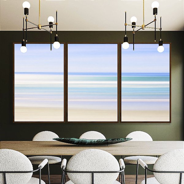 Trio de Quadros Praia Movimento Mar Turquesa Céu Lilás Canvas Moldura