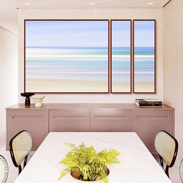 Trio de Quadros Estilizados Praia Movimento Mar Turquesa Céu Lilás Canvas Moldura