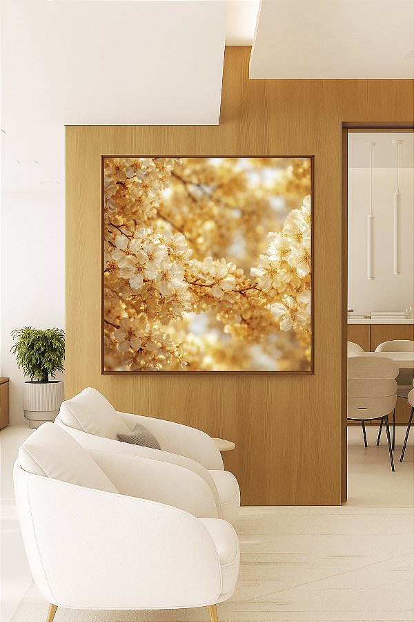 Quadro Quadrado Cerejeira em Flor Tons Dourados Natureza Canvas Moldura