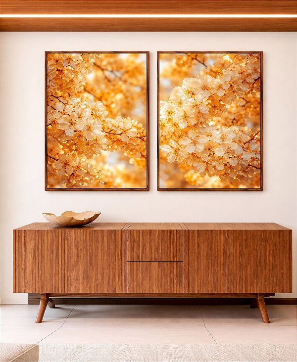 Duo de Quadros Cerejeira em Flor Tons Dourados Natureza Canvas Moldura
