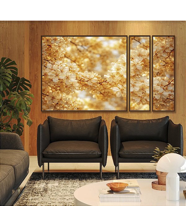 Trio de Quadros Estilizados Cerejeira em Flor Tons Dourados Natureza Canvas Moldura