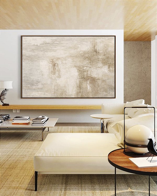 Quadro Horizontal Abstrato Textura Concreto Marfim Canvas Moldura