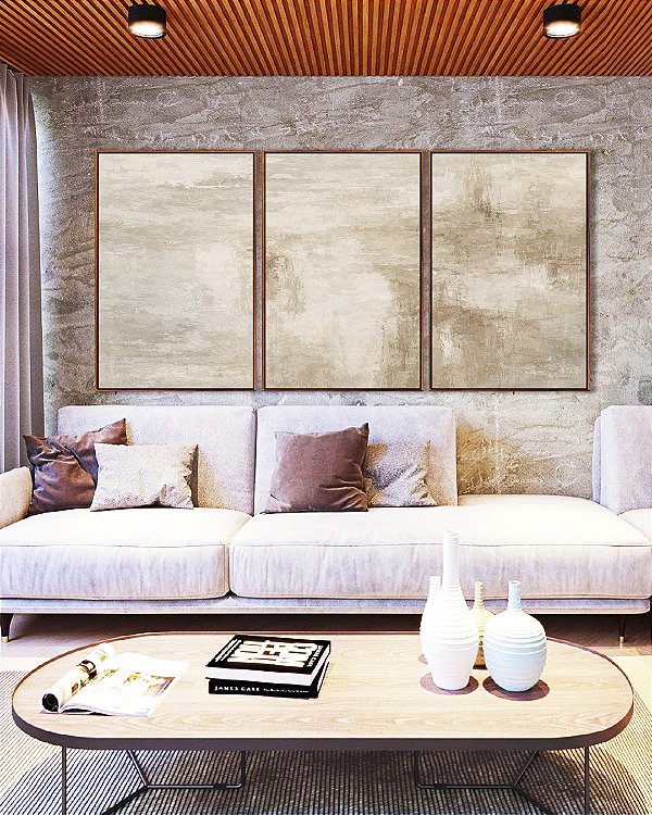 Trio de Quadros Abstrato Textura Concreto Marfim Canvas Moldura