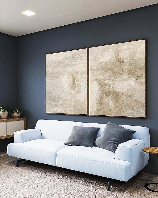 Duo de Quadros Abstrato Textura Concreto Marfim Canvas Moldura